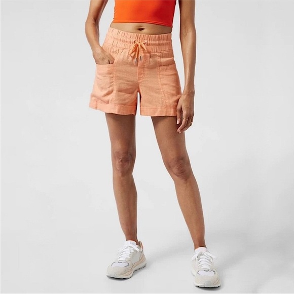 Athleta Cabo Linen Shorts-Peach Orange-14-Elastic Waist/Drawstring/Lightweight - Picture 1 of 8